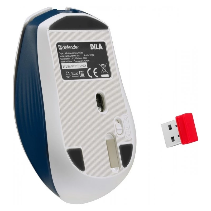 Belaidė žaidimų pelė DEFENDER MM-282 RF – ambidekstrinė, optinė 1800 DPI, 5 mygtukai, USB, maitinama baterija