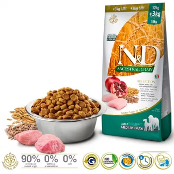 Sausas šunų ėdalas Farmina N&D Ancestral Grain Adult Chicken 15 kg — 27% baltymų, 16% riebalų