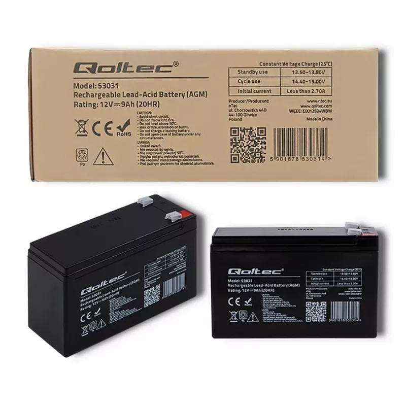 Nepriklausomo maitinimo šaltinio baterija QOLTEC 53031 12V 9Ah žalia, 152×94×65 mm, 2,35 kg