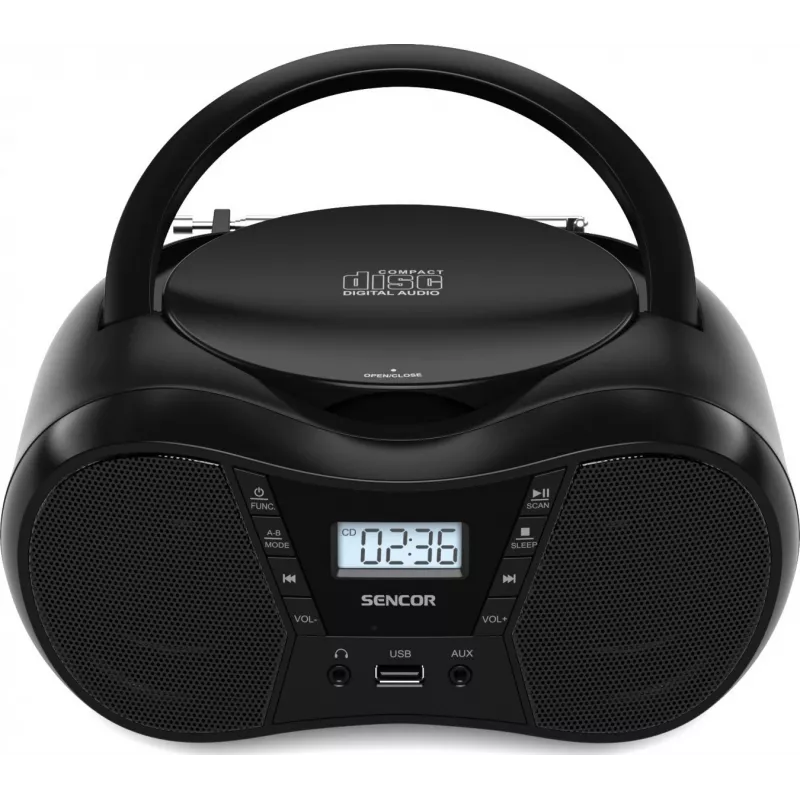 Boombox SENCOR SPT2300BK – CD grotuvas, MP3, USB, Bluetooth 5.1, FM, AUX, 4W, baterija/tinklas