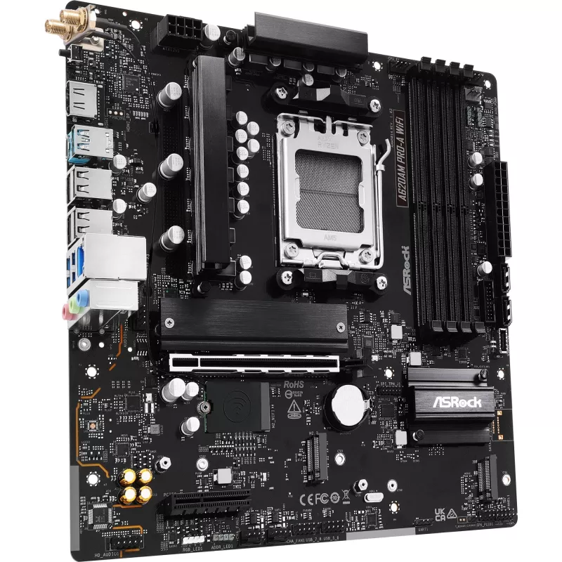 Motininė plokštė ASRock A620AM Pro-A WiFi AM5 mATX — AMD A620, lizdas AM5, DDR5 iki 256 GB, Wi‑Fi 6E, 2.5Gb LAN, HDMI 2.1