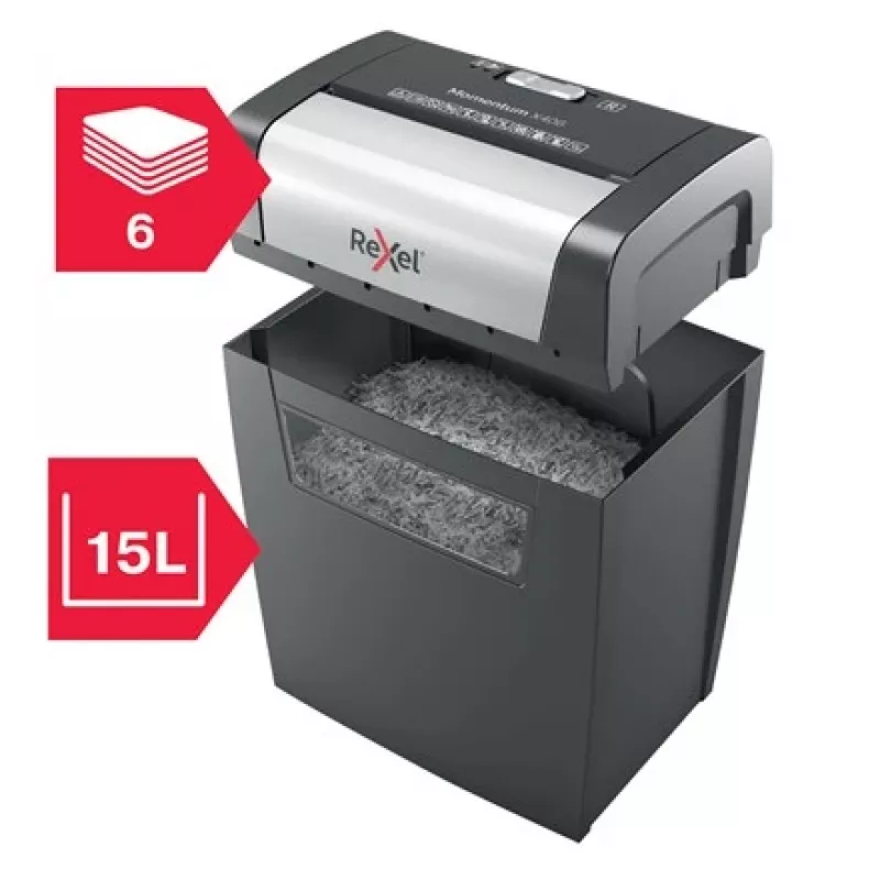 Rexel Momentum X406 kryžminio pjovimo popieriaus smulkintuvas P4, 4 x 28 mm, 15 l, 6 lapų, 70 dB