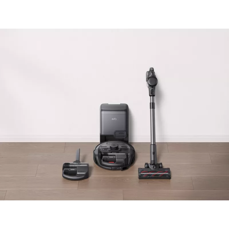 Robotas dulkių siurblys Eufy E20 Black – apvalus, su dulkėms surinkimo baze, 150 min veikimo laikas, 35 cm skersmuo