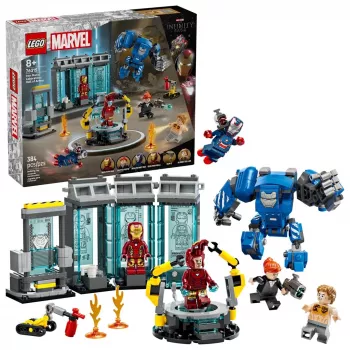 LEGO Marvel Geležinio žmogaus laboratorija su šarvų sale 76315 — 384 dalys, 5 minifigūrėlės, demonstracinė zona