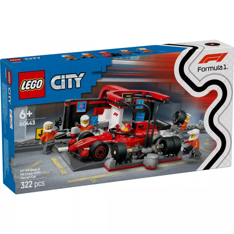 LEGO City F1 Pit Stop 60443 – Ferrari F1 automobilis, 322 dalys, 5 minifigūrėlės, 6+