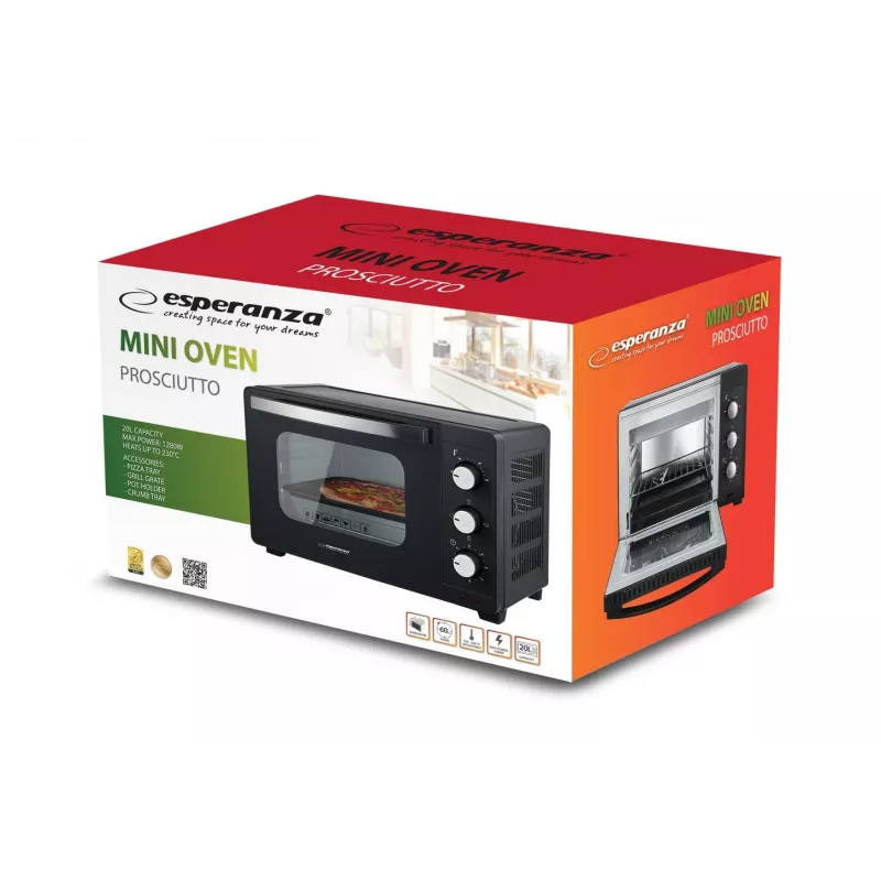 Mini orkaitė ESPERANZA EKO008N — 20 L, 1280–1300 W, iki 230°C, 60 min mechaninis laikmatis, besisukantys reguliatoriai, stiklinės durelės, laisvai pastatoma