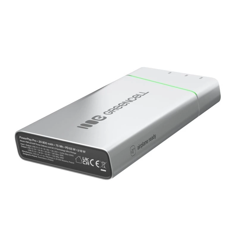 Nešiojama baterija Green Cell BPLGC20P 20800 mAh Li‑Ion, USB‑C PD 65W, 2x USB‑C + 1x USB‑A, aliumininis korpusas