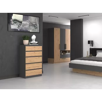 Komoda Topeshop M5 ANTRACYT/ARTISAN 5 stalčių, antracitinis ąžuolas, 700×1095×400 mm