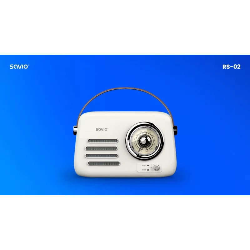 Nešiojamas radijas SAVIO RS-02 — analoginis FM imtuvas, Bluetooth 5.3, USB maitinimas, 3 W, baltas