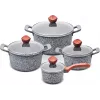 PROMIS granito puodų rinkinys, 16 cm kastrulis ir 20, 24, 28 cm puodai, rudi kotai