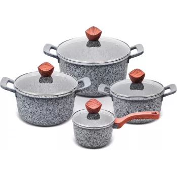 PROMIS granito puodų rinkinys, 16 cm kastrulis ir 20, 24, 28 cm puodai, rudi kotai
