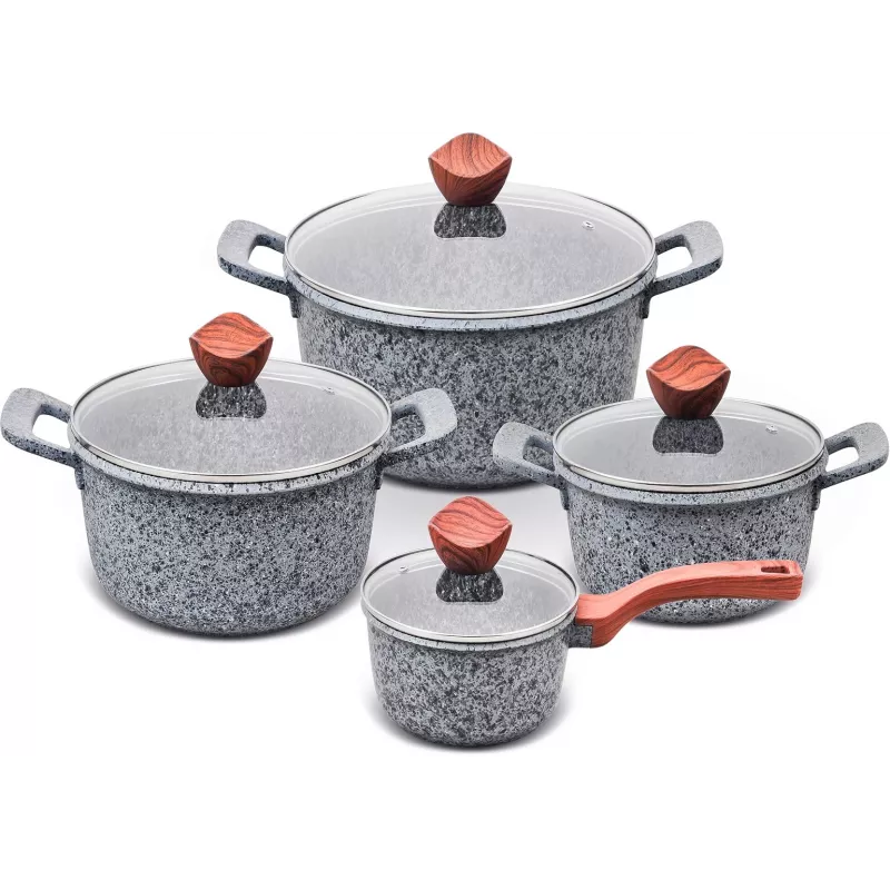 PROMIS granito puodų rinkinys, 16 cm kastrulis ir 20, 24, 28 cm puodai, rudi kotai
