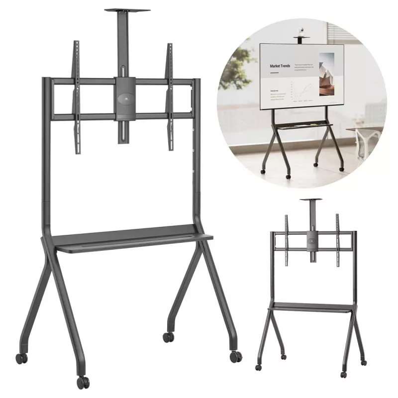 Pertvarkomas TV stovas MACLEAN MC-114 B grindinis mobilus stovas 55–100 colių ekranams, max apkrova 120 kg, VESA 200x200–900x600, aukštis 115–152 cm, juodas, lentyna