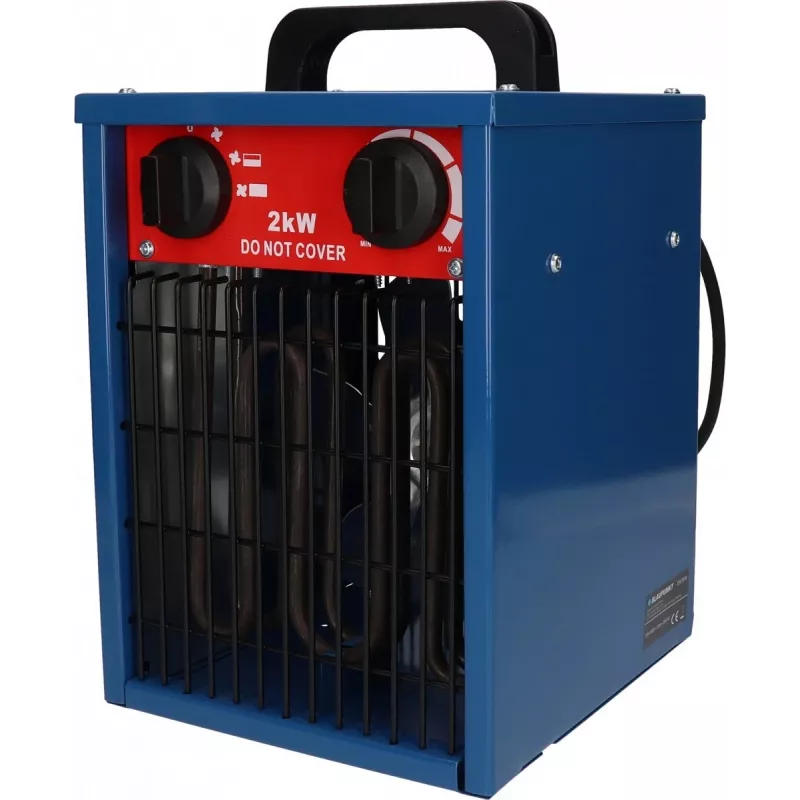 Elektrinis ventiliatorinis šildytuvas BLAUPUNKT EH7010 — 2000 W, nerūdijančio plieno elementas, IPX4, pastatomas ant grindų, iki 22 m², juoda/mėlyna/raudona