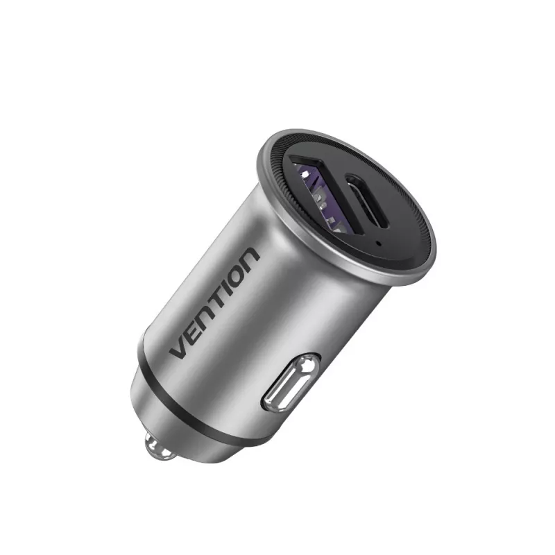 Vention dviejų prievadų USB automobilinis įkroviklis A+A (30+30) pilkas mini stiliaus aliuminio lydinys