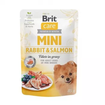 Šlapias šunų ėdalas BRIT Care Mini Rabbit & Salmon 85 g – be grūdų, be glitimo, suaugusiems mažų veislių šunims