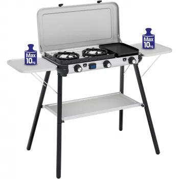 Campingaz Camping Kitchen 2 Multi Cook Plus, dujinė viryklė pilka, 2 kaitvietės 2x 1,8 kW + kepsninė 0,9 kW, modelis 2025