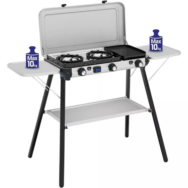 Campingaz Camping Kitchen 2 Multi Cook Plus, dujinė viryklė pilka, 2 kaitvietės 2x 1,8 kW + kepsninė 0,9 kW, modelis 2025