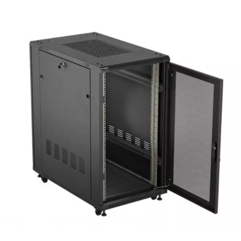 19 colių stelažo spinta LANBERG FF01-6022-23B, 22U, 600×1000 mm, juoda, perforuotos durelės
