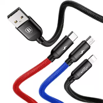 BASEUS Colorfone CAMLT-BSY01 USB laidas 1,2 m USB A – 3 x USB C juoda, raudona, mėlyna