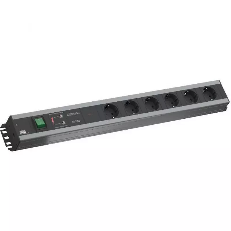 Bachmann 300.012 PDU Basic, 6 AC lizdų, 2U, 2 m kabelis, juoda/pilka