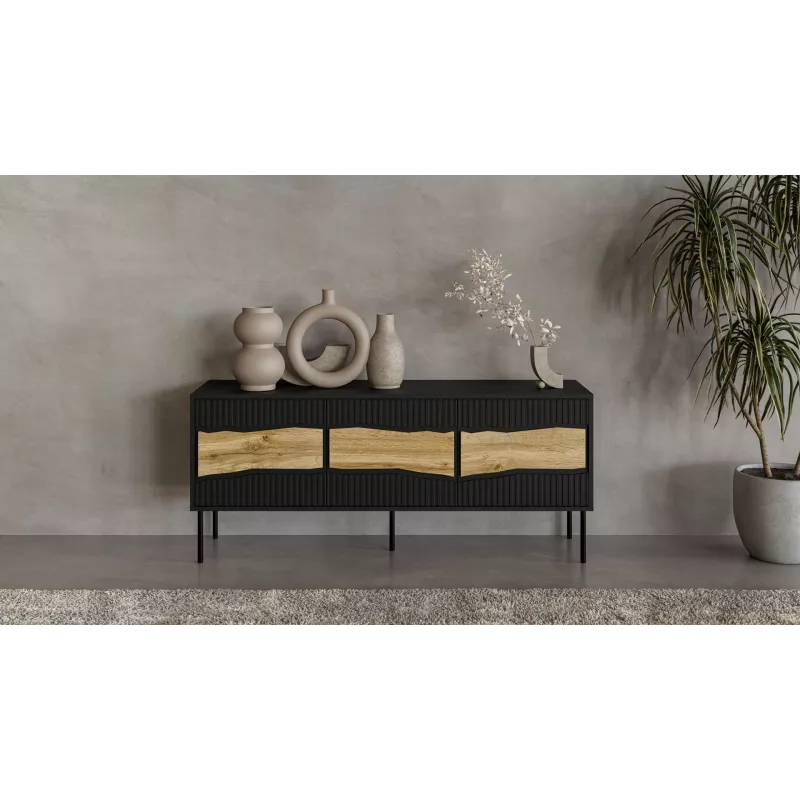 TV spintelė Cama Meble INSERTO 3D 143,5x40x61,5 cm juoda su LED, medžio drožlių plokštės viršus