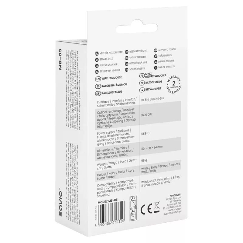 Belaidė pelė Savio MB-05 universali ambidekstrinė Bluetooth 1600 DPI balta