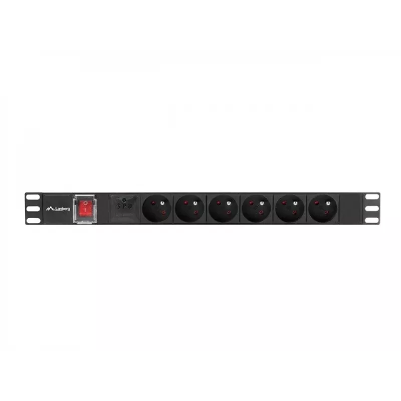 Maitinimo skirstytuvas LANBERG PDU-06E-0200-BK — 6x E tipo lizdai, 16 A, 2 m laidas, 1U stelažas, 220–250 V