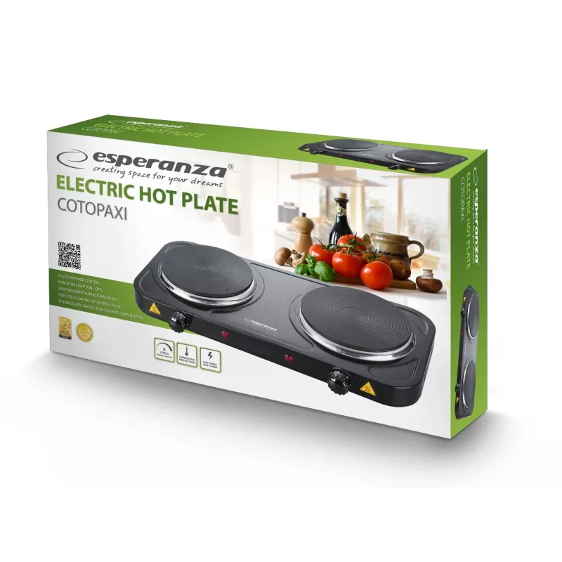 Elektrinė kaitlentė ESPERANZA EKH010K – 2 zonų, juoda, 155 mm, 2000 W, sukamieji valdikliai
