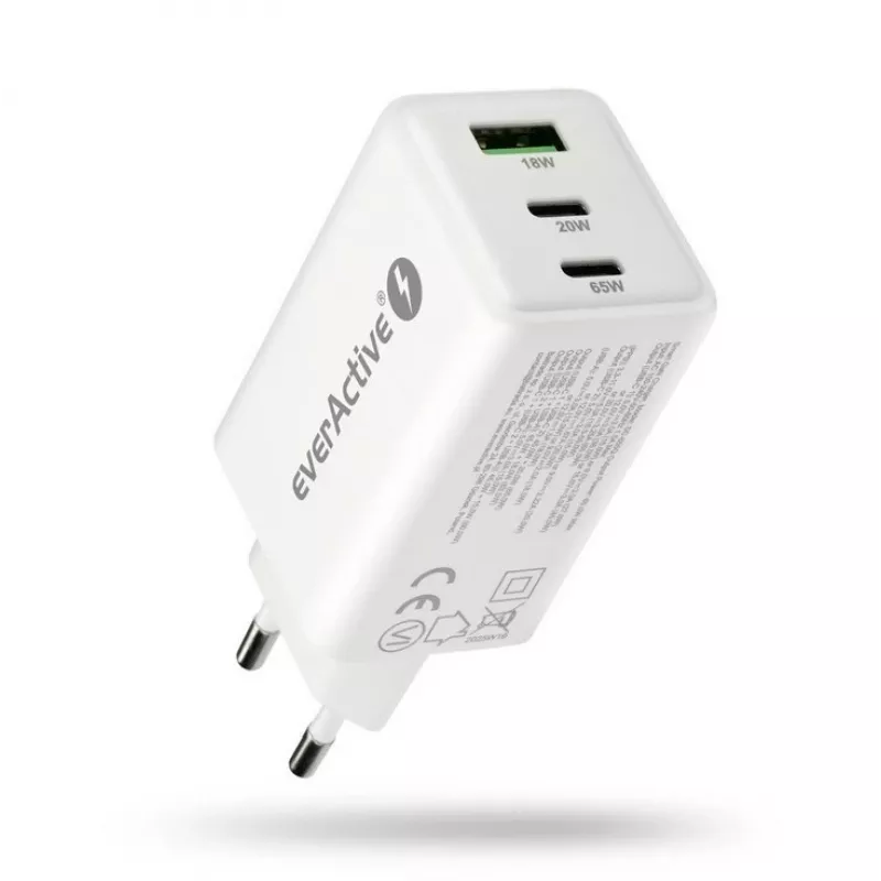 Maitinimo blokas everActive SQ-655Q 65W, 1×USB-A + 2×USB-C greitas įkrovimas