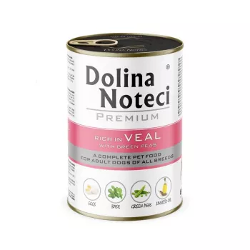 Šlapias šunų ėdalas Dolina Noteci Premium Rich su veršiena ir žaliaisiais žirneliais 400 g, suaugusiems, 12% baltymų, 6,5% riebalų