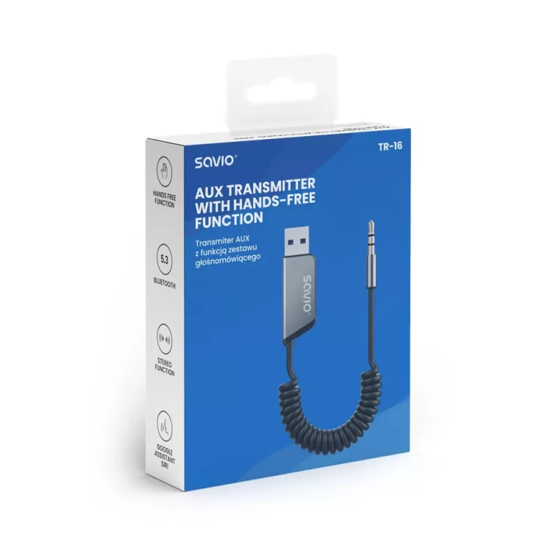 Savio TR-16 Bluetooth 5.3 siųstuvas AUX adapteris su laisvų rankų funkcija, Google Assistant/Siri