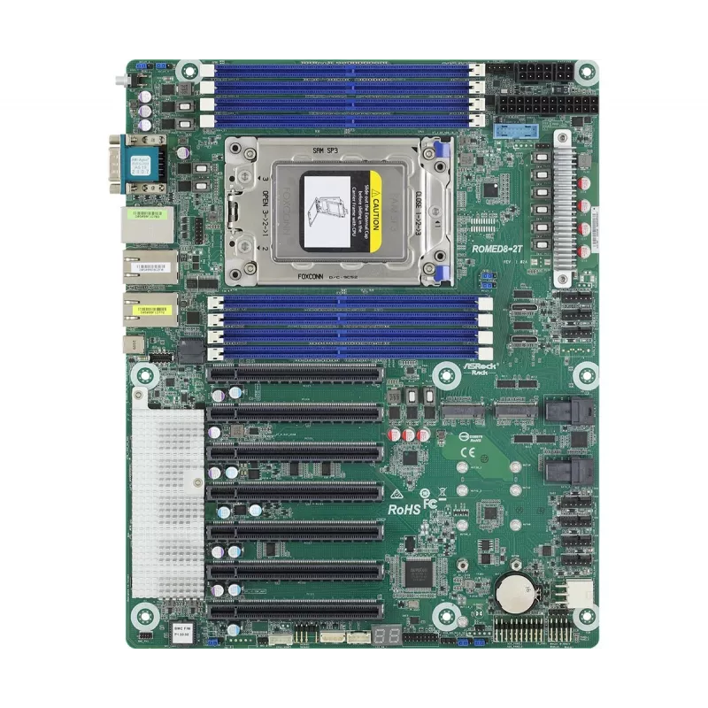 Motininė plokštė ASRock ROMED8-2T ATX, skirta AMD EPYC LGA 4094, 8× DDR4 DIMM, aštuonių kanalų, 2× M.2, 8× SATA III, 10GbE, 3× RJ-45