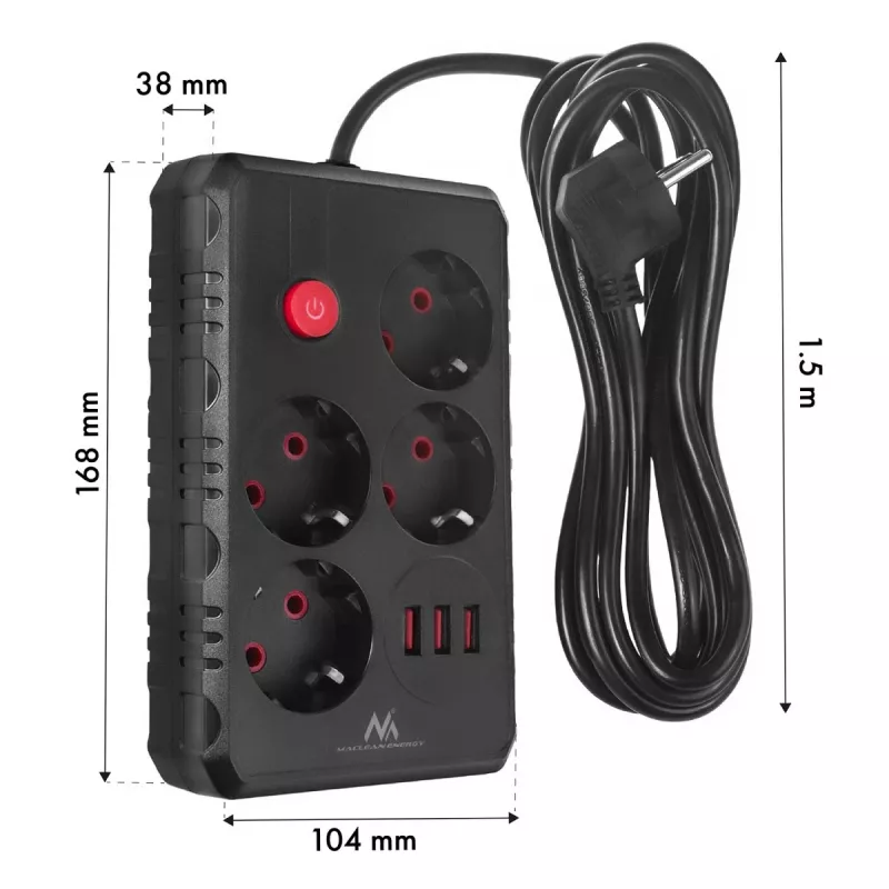 Maitinimo blokas MACLEAN MCE392 B — 4 lizdai, 3×USB, 110–240V, 2.1A, 2500W, 1,5 m laidas, juodas