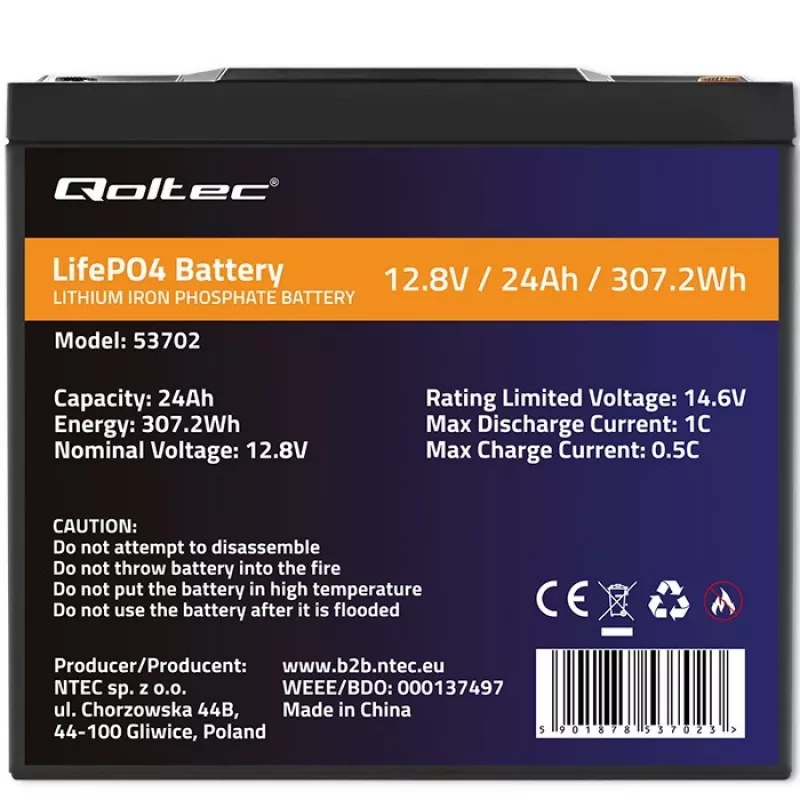 Qoltec 53702 LiFePO4 ličio geležies fosfato baterija | 12,8V | 24Ah | 307,2Wh | BMS