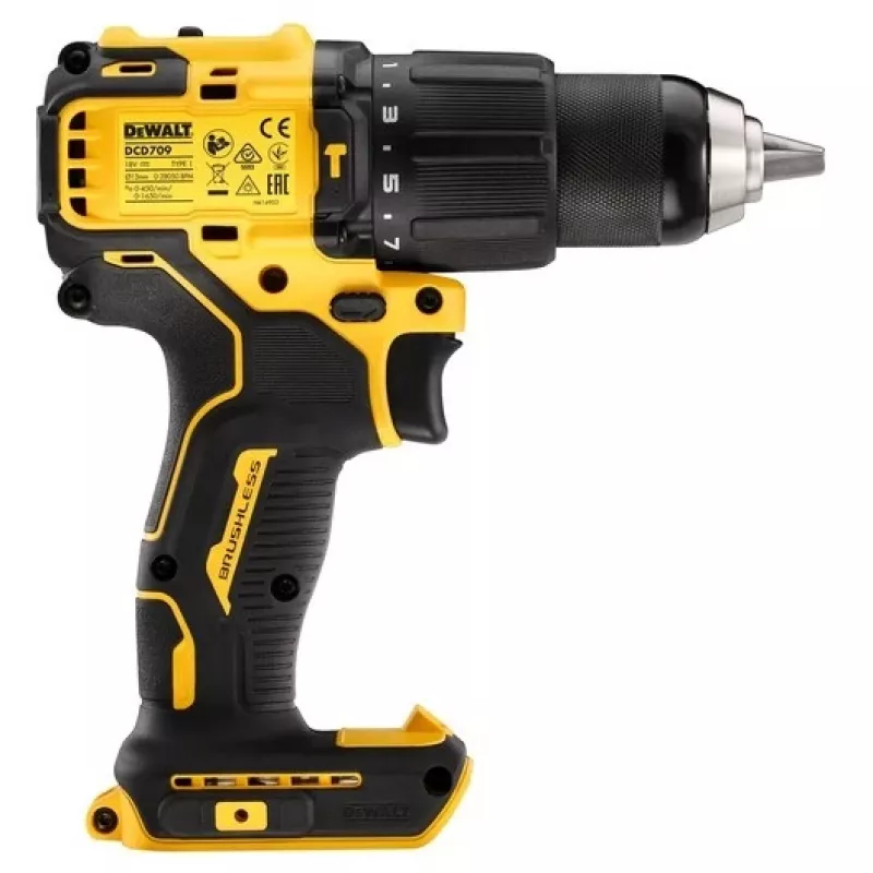 Belaidis gręžtuvas DeWALT DCD709N-XJ, bešepetėlis 18V, 2 greičiai, 1650 aps./min., 65 N·m, greito užspaudimo griebtuvas 1,5–13 mm, 1,2 kg