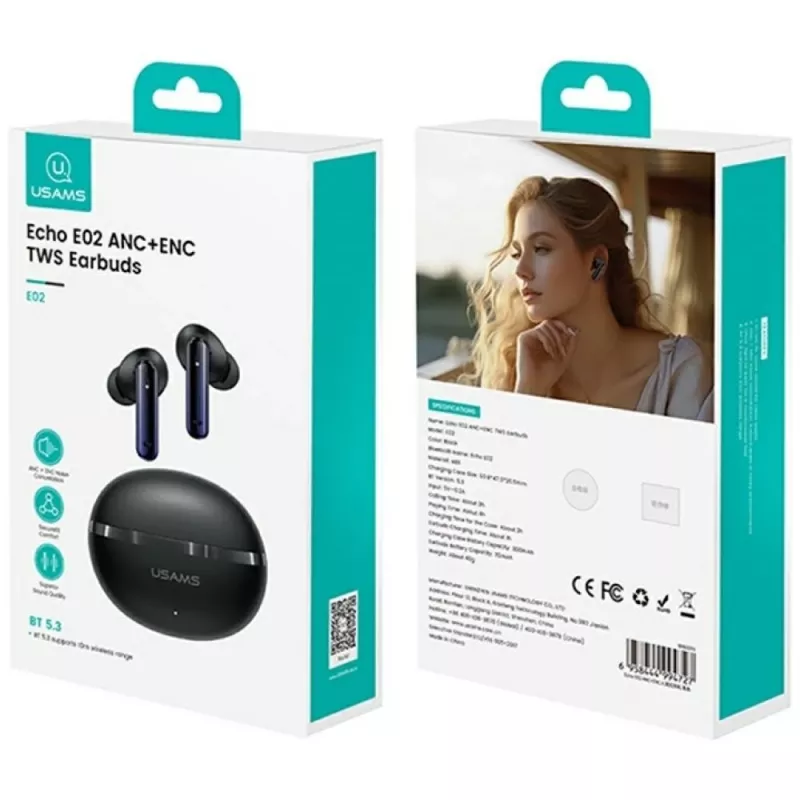 Belaidės Bluetooth ausinės Usams TWS E02 ANC+ENC juodos