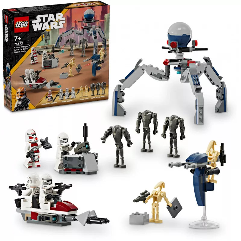 LEGO Star Wars Clone Trooper & Battle Droid Battle Pack – Klonų kareivio ir kovos droido rinkinys su greičio dviračiu, 4 minifigūrėlėmis ir 5 figūrėlėmis