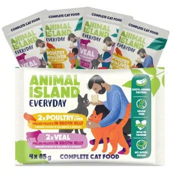 Šlapias kačių ėdalas animal island Everyday – Veršiena ir paukštiena su kepenėlėmis, 4 x 85 g paketėliai, 9,5 % baltymų, 83 % drėgmės