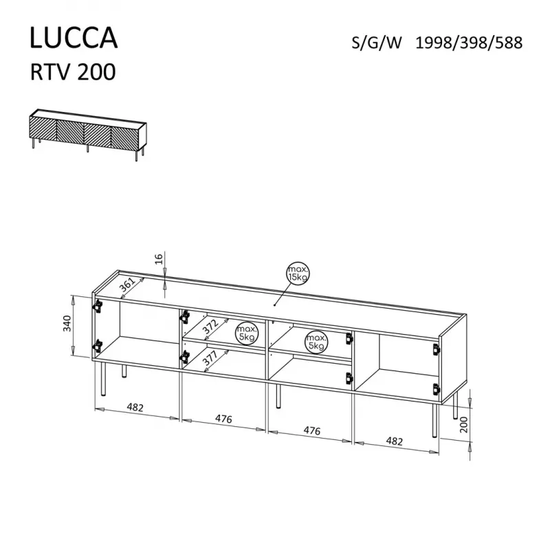 Stalviršis televizoriui Cama LUCCA 4D 200x40x59 cm, kaspinas, pilka medžio drožlių plokštės viršus