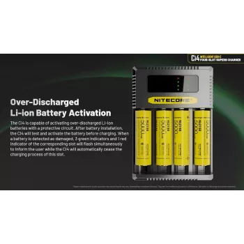 Įkroviklis akumuliatoriams Nitecore Ci4 – universalus USB įkroviklis Li‑Ion / NiCd / NiMH, 5/9/12 V įėjimas, 3 A, plastmasinis, 0,1914 kg