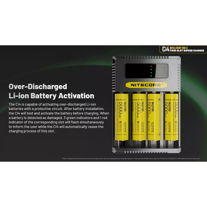Įkroviklis akumuliatoriams Nitecore Ci4 – universalus USB įkroviklis Li‑Ion / NiCd / NiMH, 5/9/12 V įėjimas, 3 A, plastmasinis, 0,1914 kg