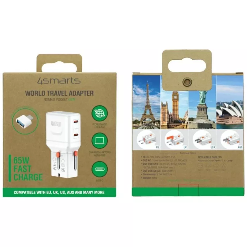 Pasaulinis kelioninis įkroviklis World 65W USB-C + USB-A baltas