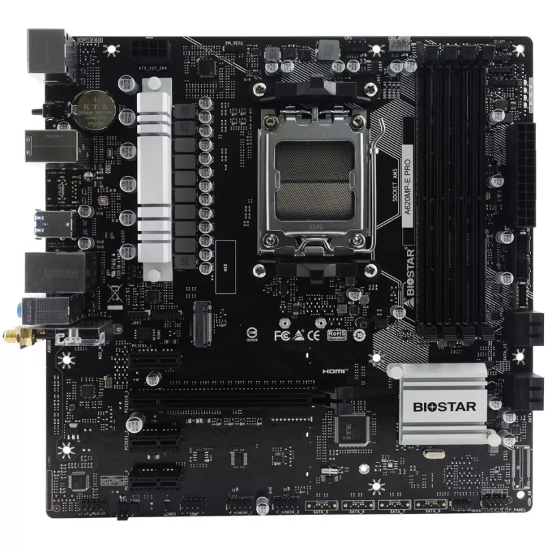 Motininė plokštė BIOSTAR A620MP-E PRO — AMD A620 microATX, Socket AM5, DDR5, 4 DIMM, max 128 GB, 2,5Gb LAN