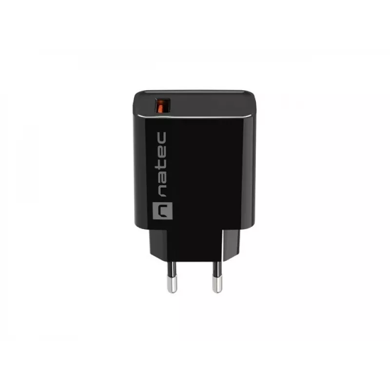 NATEC Ribera universalus greitojo įkrovimo sieninis kroviklis — 18 W (5–15 V, iki 3 A), 1× USB-A, Huawei FCP/SCP, juodas