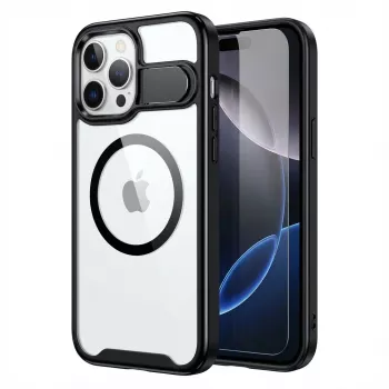 GUAN apsauginis dėklas Apple iPhone 16 Plus su 10H grūdintu stiklu ir atlenkiama kojyte, skaidri nugara su juodu rėmeliu