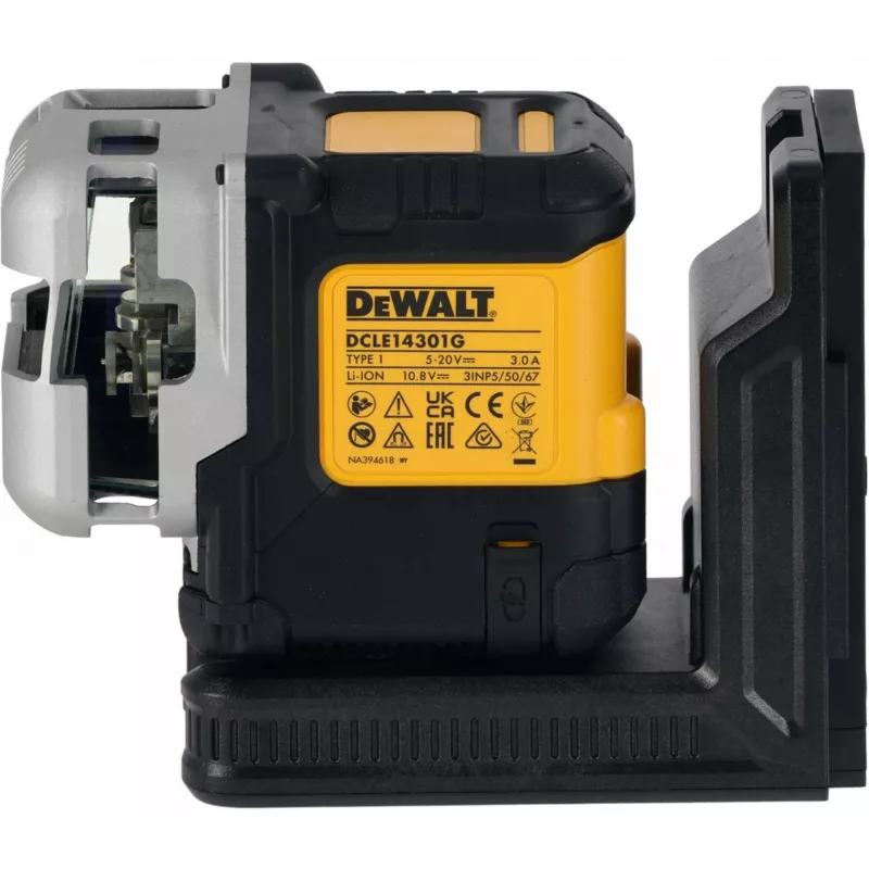 Belaidis kelių linijų lazeris DeWalt DCLE14301GB 3×180° kryžminės linijos, 18V, žalios linijos, integruota Powerstack Li‑Ion baterija