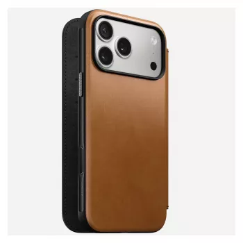Nomad Modern Leather Folio dėklas iPhone 17 Pro Max – Tan (rudas), tinka iki 17,5 cm (6,9 colio) ekranui, 4 kortelių kišenės