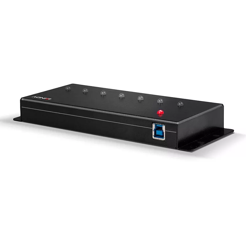 Lindy 7 Portų USB 3.0 Metalinis USB HUB, USB 3.2 Gen 1 (3.1 Gen 1) Type-A, 5000 Mbit/s, Juodas, 0.8 m, 185 mm, 75 mm