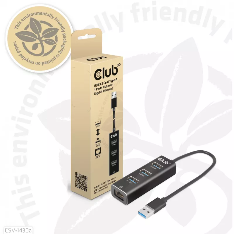 USB šakotuvas CLUB3D USB 3.2 Gen1 Type-A 3 prievadai su Gigabit Ethernet